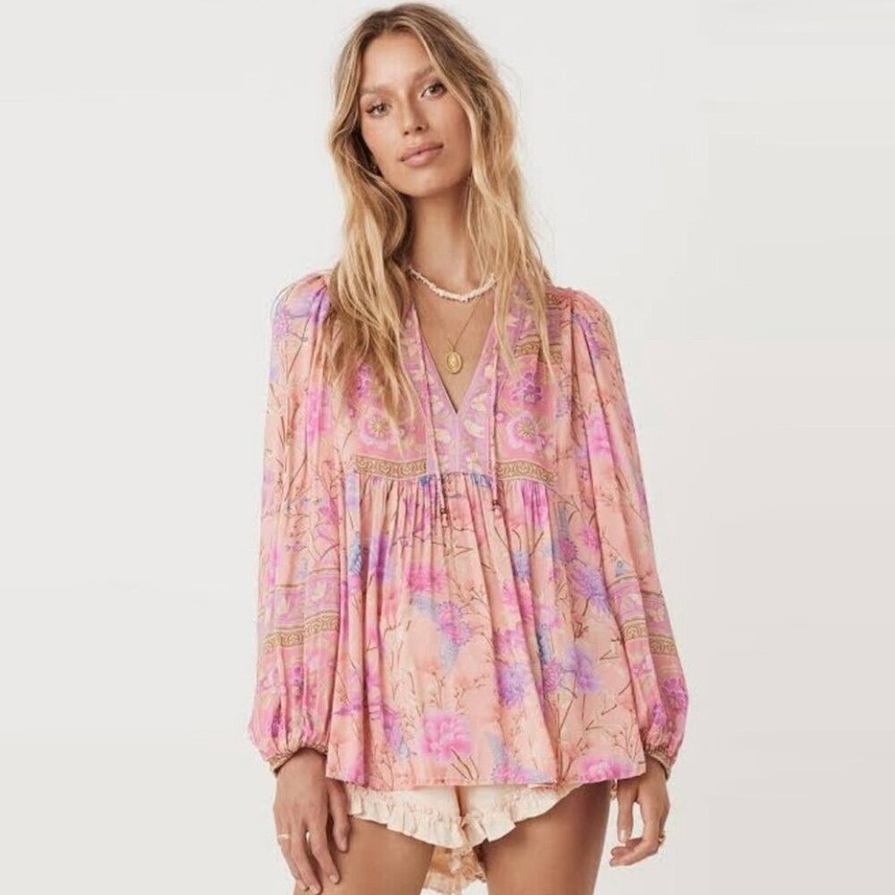 Spell Pink Butterfly Floral Boho Peasant Blouse XS